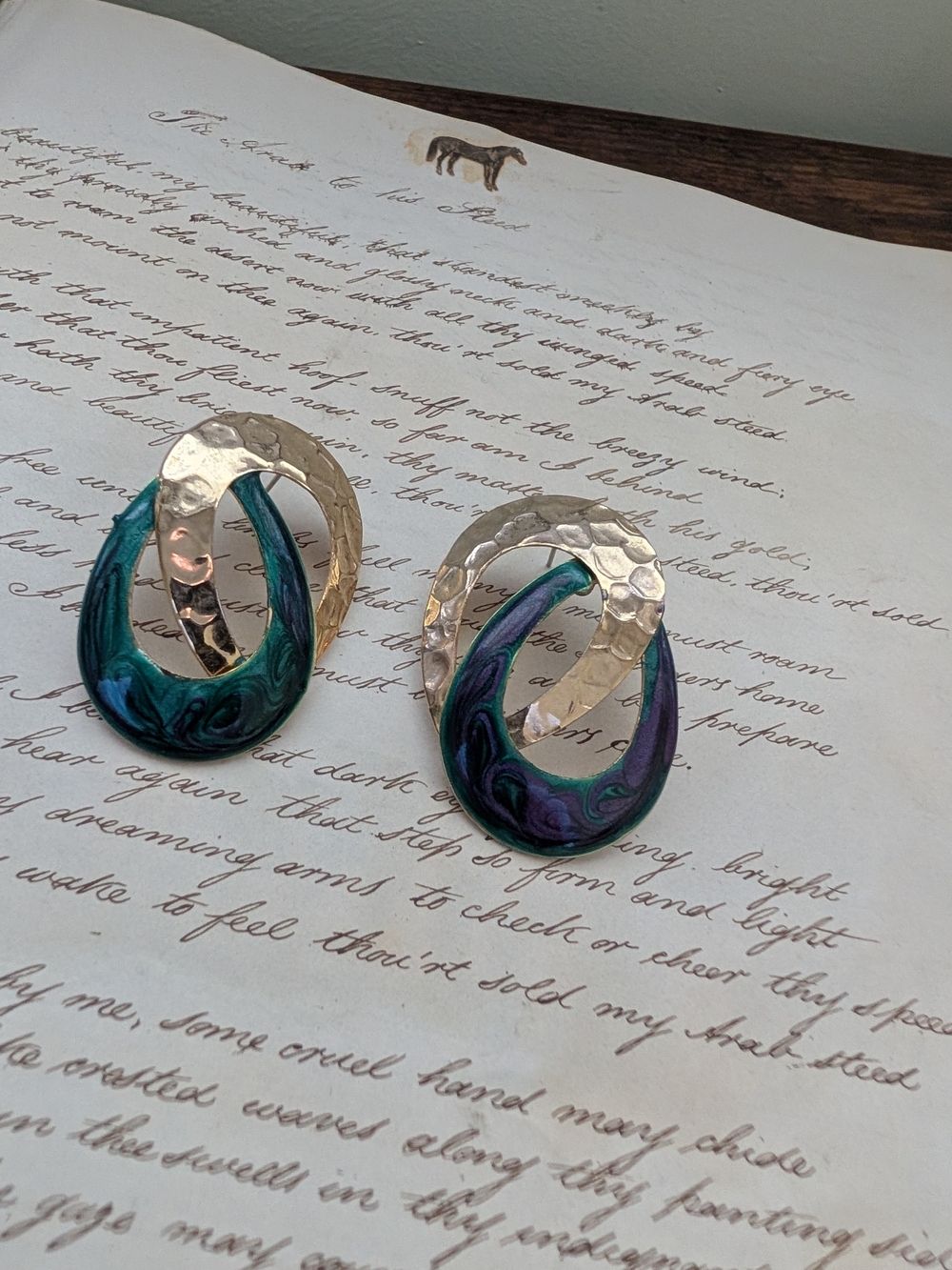 Handcrafted Teal & Purple Marbled Hoop Earrings with Hammered Gold Accent